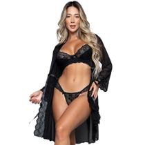 Conjunto Lingerie Com Aro Sem bojo e Robe feminino Sexy em Renda e Tule Combo Linha Noite