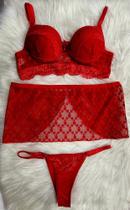 Conjunto lingerie com todo em renda com minissaia