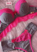 Conjunto lingerie cor pink e cinza detalhes renda tamanho m