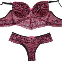 Conjunto Lingerie Cropped Luxo Sensual Renda Preto/Pink