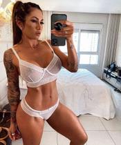 Conjunto Lingerie Desiré Sem Bojo com Aro em Renda Exclusiva Sutiã com Forro em Tule Nude Transparente e Calcinha em Renda Semi Fio