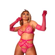 Conjunto lingerie em tule Rosa chiclete c/ luvas e ligas Conjunto lingerie em tule Rosa chiclete c/ luvas e ligas