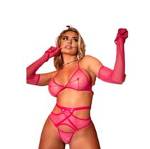 Conjunto lingerie em tule Rosa chiclete c/ luvas e ligas