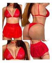 Conjunto Lingerie Erotica 4 Peças Saia Tule Cropped Sensual