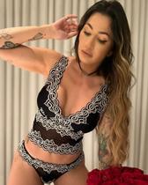 Conjunto Lingerie Fany Sem Bojo Sem Aro Modelo Cropped em Renda Exclusiva com Sutiã em Renda e Forro em Microfibra de Poliamida e Calcinha Semi fio