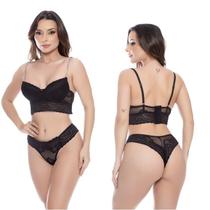 Conjunto Lingerie Feminina Cropped Alça Strass Cor Preto Tamanho GG