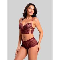 Conjunto Lingerie Feminino com Bojo Cropped em Renda com Calcinha Caleçon Noite e Lua de Mel
