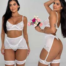 Conjunto Lingerie Meia Taça Cinta Liga Sem Bojo Renda Calcinha fio