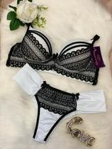 Conjunto lingerie microfibra e renda branco/preto tamanho 44/G