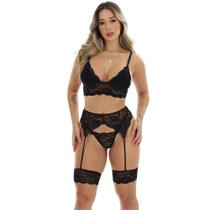 Conjunto Lingerie Preto Fristyle Sem Bojo Cinta Liga Renda
