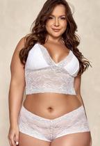 Conjunto Lingerie Renda Espera Marido Sensual Plus Size Cropped e Calcinha Shorts Sexy Moda Íntima Fábrica