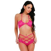 Conjunto Lingerie Renda Pink Calcinha Strappy Luxo