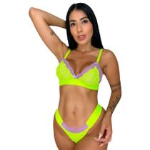 Conjunto Lingerie Renda Sem Bojo Luxo Neon Sutiã E Calcinha Feminino Adulto