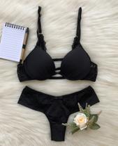 Conjunto lingerie rendado nadador, com detalhe nas costas, calcinha fio duplo