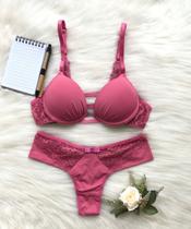 Conjunto lingerie rendado nadador, com detalhe nas costas, calcinha fio duplo