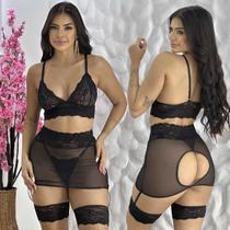 Conjunto Lingerie Sensual Com Saia Cinta Liga Renda sexy Luxo