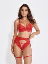 Conjunto Lingerie Sensual Luxo Cinta Liga Rendada Pingente