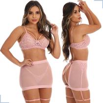 Conjunto Lingerie Sensual Sexy 3 Peças Com Calcinha Saia em Tule