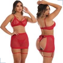 Conjunto Lingerie Sensual Sexy 3 Peças Com Calcinha Saia em Tule