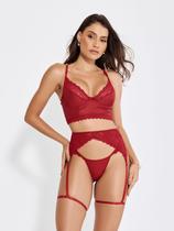 Conjunto Lingerie Sexy Cropped Calcinha Sensual Cirre Renda - ALTIE