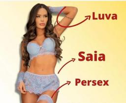 Conjunto Lingerie Sexy Rendado com Sainha Persex Luvas de Renda