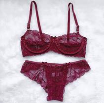 Conjunto Lingerie Sutiã De Renda Sem Bojo Com Arco Meia Taça Calcinha Tanga Langerie Sexy