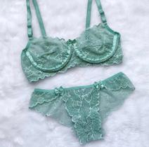 Conjunto Lingerie Sutiã De Renda Sem Bojo Com Arco Meia Taça Calcinha Tanga Langerie Sexy