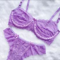 Conjunto Lingerie Sutiã De Renda Sem Bojo Com Arco Meia Taça Calcinha Tanga Langerie Sexy