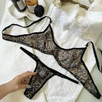 Conjunto Lingerie Tule Transparente Sexy sem Bojo com Aro Calcinha Fio e Regulagem Animal Print Sensual Conjunto Lingerie Tule Transparente Sexy sem Bojo com Aro Calcinha Fio e Regulagem Animal Print Sensual