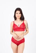 Conjunto lingerie vermelha transparente sutiã cropped calcinha caleçon