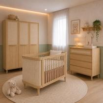 Conjunto Linha Paglia Berço 2 em 1 em Madeira Pinus Cômoda e Guarda Roupa 3 Portas Tela Rattan Carvalho Malva