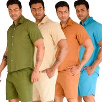 Conjunto Linho Camisa Short Masculino Moda Praia