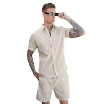 Conjunto Linho Masculino camisa botão short moda praia