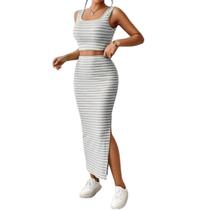 Conjunto Listrado Regata Com Saia Transpassada