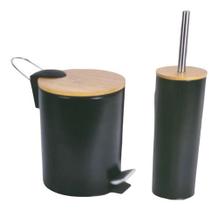 Conjunto Lixeira 3l E Escova Sanitária Preto Tampo Bambu