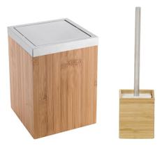 Conjunto Lixeira 5l E Escova Sanitária Aço Inox E Madeira