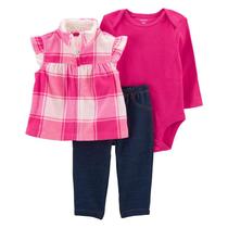 Conjunto Longo 3 Peças com Colete em Fleece Xadrez Pink - Carter's