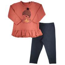 Conjunto longo bebê blusa terracota com babadinho e estampa ursinho e calça preta com elastico