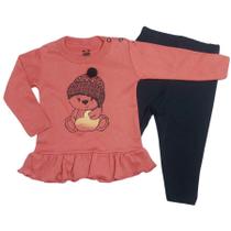 Conjunto longo bebê blusa terracota com babadinho e estampa ursinho e calça preta com elastico