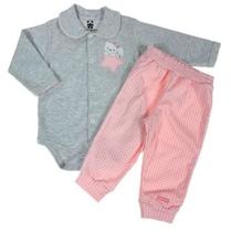 Conjunto longo bebê mescla e rosa bordado urso