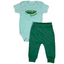 Conjunto longo bebê verde bordado ervilhas felicidade
