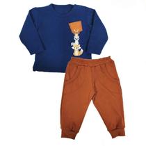 Conjunto longo camiseta longa marinho com bordado raposa e calça caramelo bosque