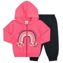 Conjunto longo infantil casaco rosa estampado e calça moletom preto liso