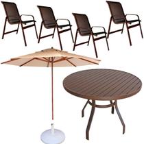Conjunto Lótus Com Mesa 80cm Ripada + 4 Poltronas + Ombrelone 2,40m Com Base Marrom Conjunto Lótus Com Mesa 80cm Ripada + 4 Poltronas + Ombrelone 2,40m Com Base Marrom