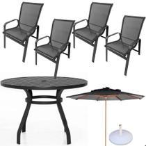 Conjunto Lótus Com Mesa 90cm Ripada 4 Poltronas Ombrelone 3,00m Com Base Preto Conjunto Lótus Com Mesa 90cm Ripada 4 Poltronas Ombrelone 3,00m Com Base Preto