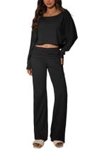 Conjunto Lounge TFNOSIZE feminino de 2 peças de manga comprida sem ombro Conjunto Lounge TFNOSIZE feminino de 2 peças de manga comprida sem ombro