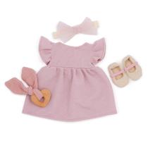 Conjunto LullaBaby Rosa: Vestido, Faixa, Mordedor e Sapatos