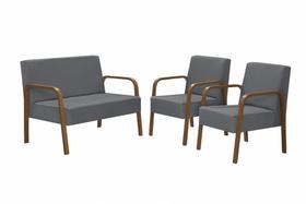 Conjunto Luna 2 Poltronas de 1 Lugar e 1 poltrona de 2 lugares Braço Madeira DSalla Suede