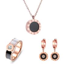 Conjunto Luxo Anel Colar Brinco Banhado Ouro Rosê Cristal Cz