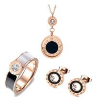 Conjunto Luxo Anel Colar Brinco Banhado Ouro Rosê Cristal Cz